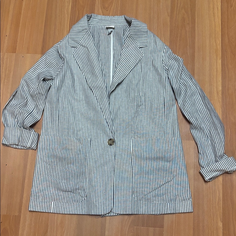 A New Day Blue White Classic Lagenlook Pinstriped Linen Blazer Jacket Medium